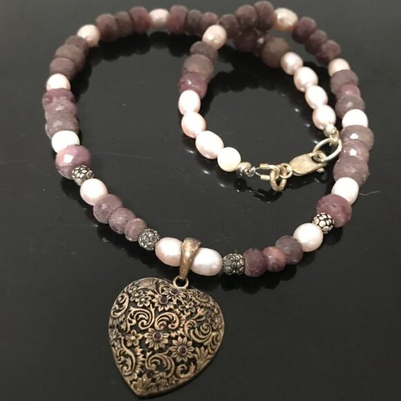 Genuine Ruby Gemstone Pearl Heart 925 Victorian Sterling Silver Necklace Pendant - Picture 1 of 10